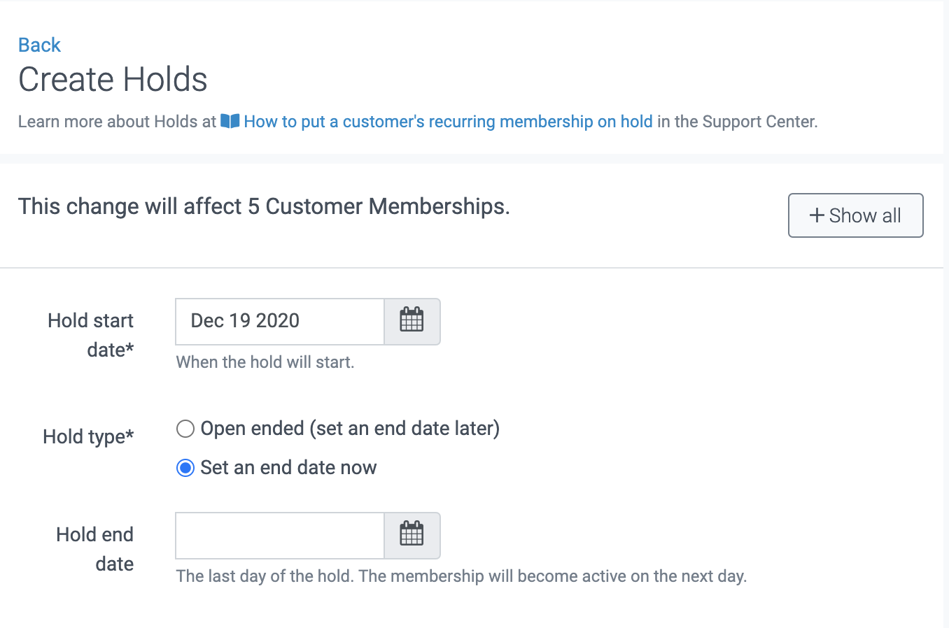 image of the create holds page and fields 