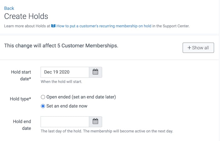 image of the create holds page and fields