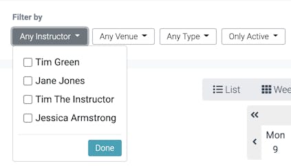 screenshot of the instructor filter in the calendar