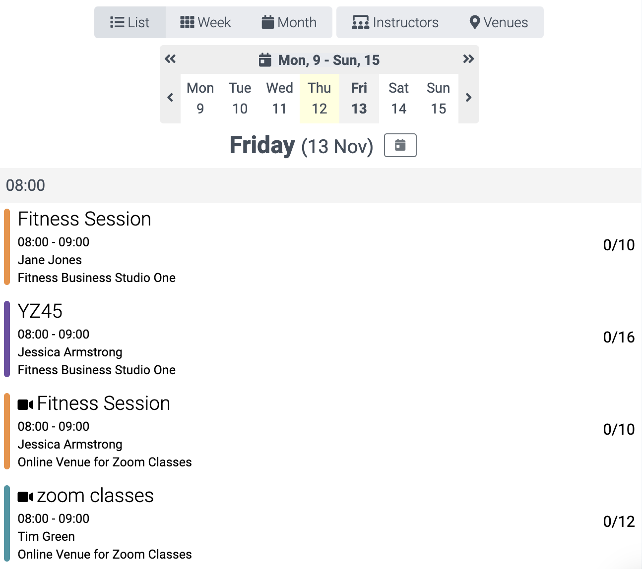 image of the list view in the calendar