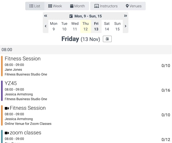 image of the list view in the calendar