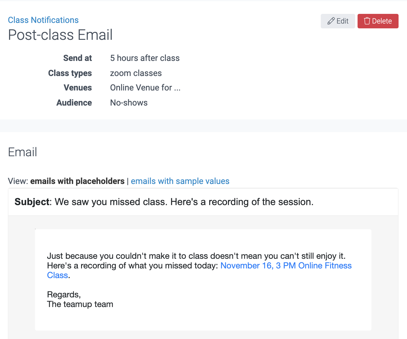 image of the post-class notification email