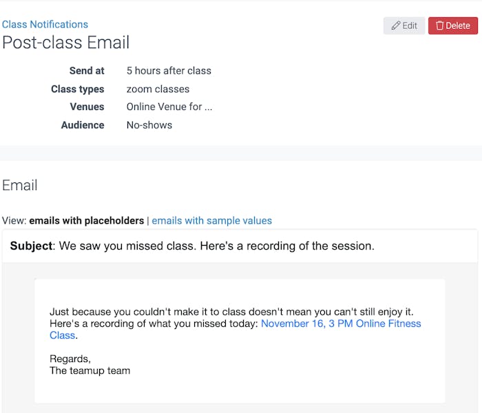 image of the post-class notification email