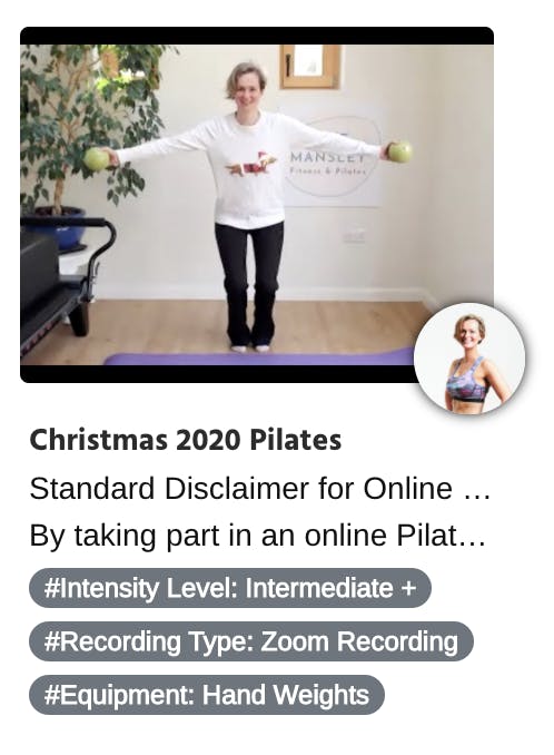 Jane Mansley leading an online Pilates class during Christmas 2020