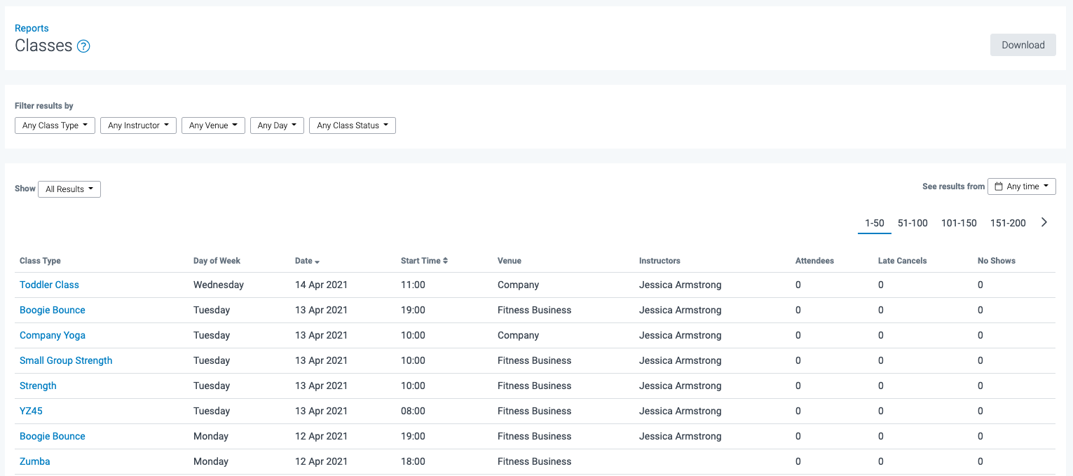 screenshot of class reporting in TeamUp