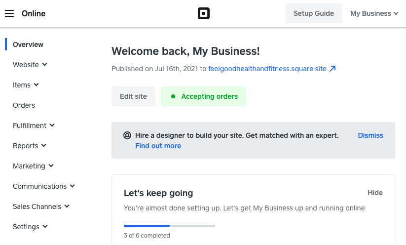 The set-up guide section in the Square dashboard