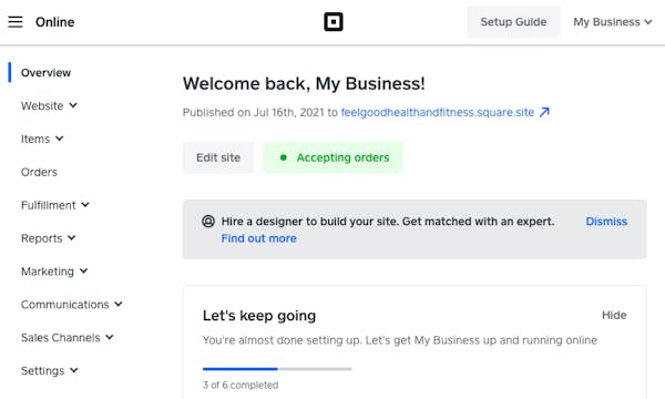 The set-up guide section in the Square dashboard