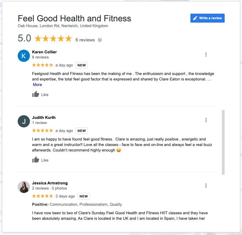 Customer testimonials about Feel Good Health and Fitness on Google