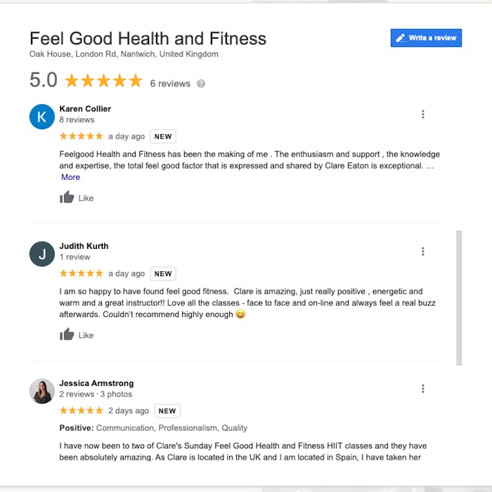 Customer testimonials about Feel Good Health and Fitness on Google