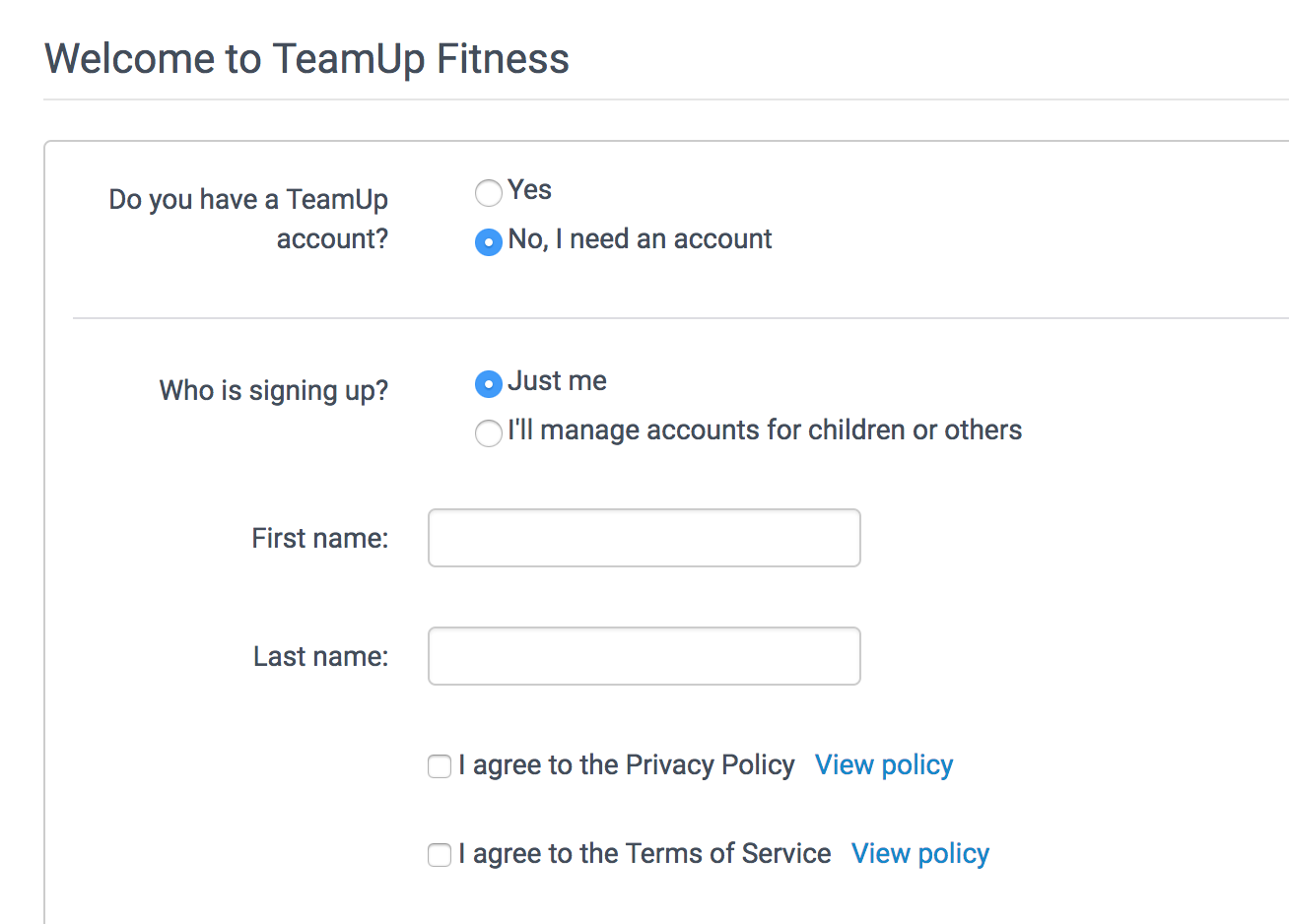 image of TeamUp's privacy policy form