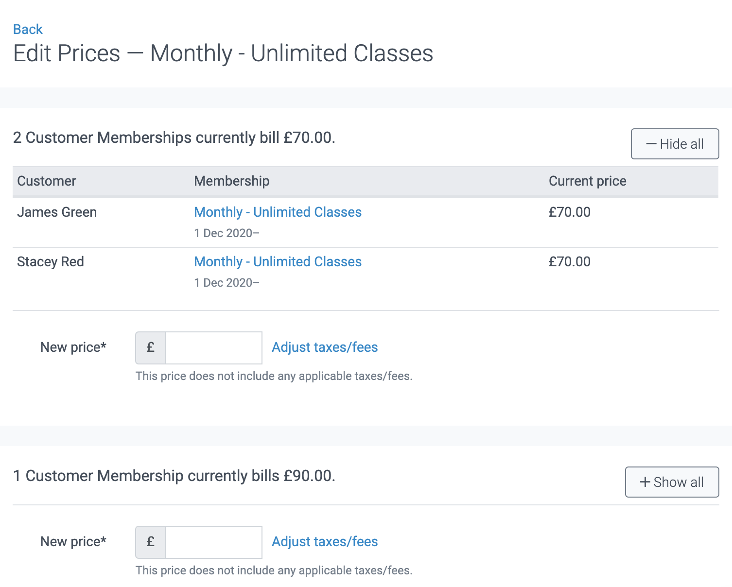 images of the edit prices page for the bulk edit tool