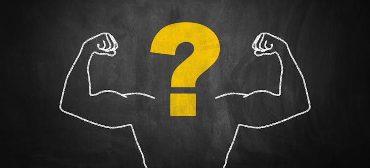 Gym management questions stylised image with a chalk board picture of muscled body and question mark for head