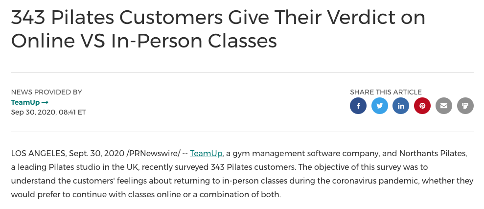 image of TeamUp press release about pilates survey