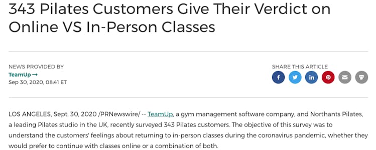 image of TeamUp press release about pilates survey