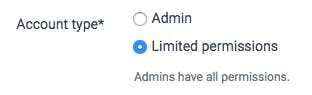 Image is a screenshot of Account type: Admin or Limited permissions