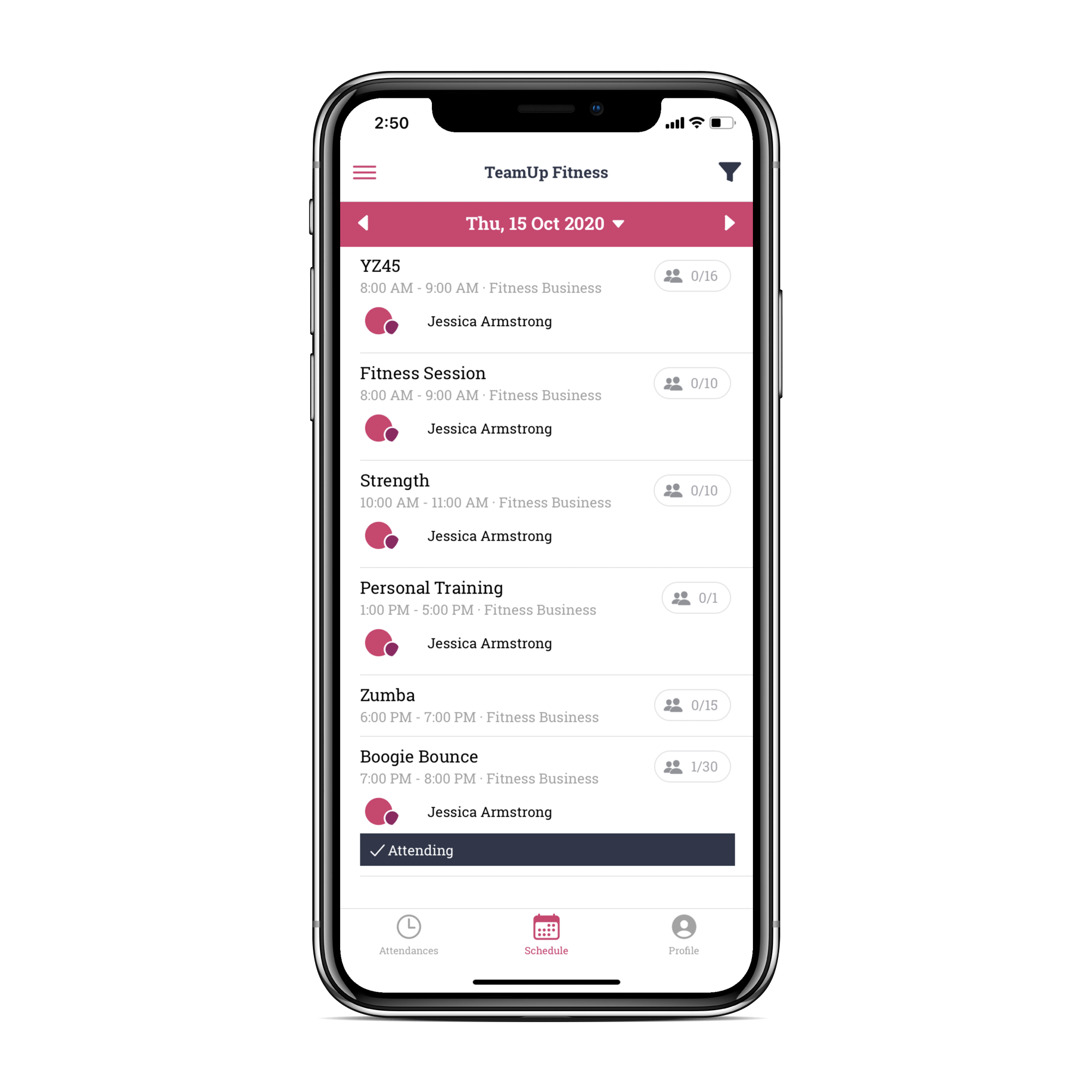 image of the member app class list page
