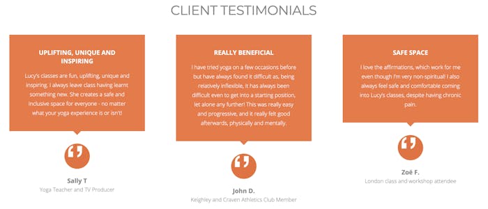lucyoga client testimonials on her website