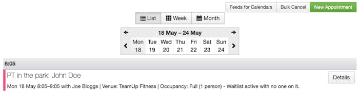 teamup calendar on the customer site