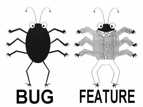 Images of 2 bugs, one of them wearing a jacket labeled 'feature'. 