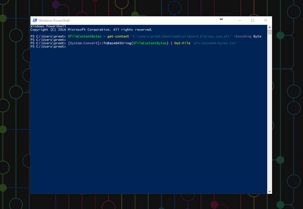 Screenshot of Windows PowerShell with the certificate code.