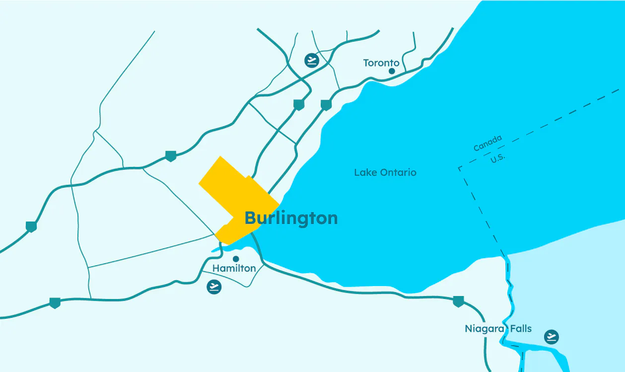 Map showing Burlington's strategic location between Toronto and Niagara Falls