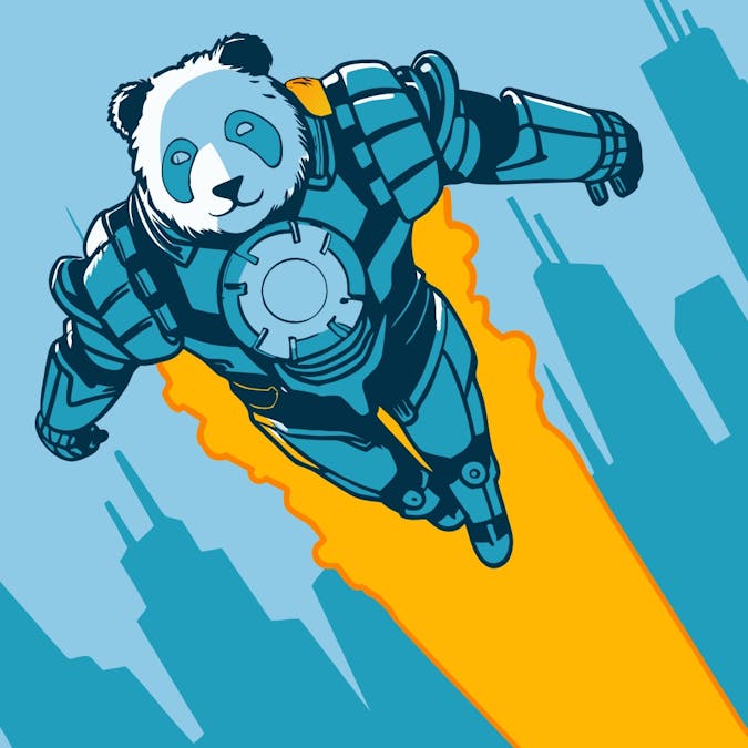 panda flying in ironman inspired suit