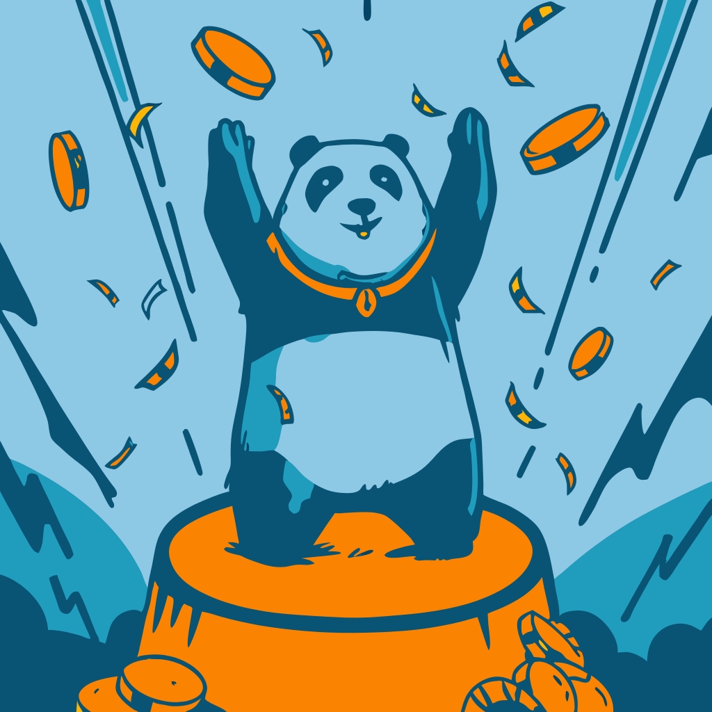 happy panda standing under money raining