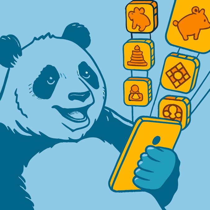 panda looking at phone