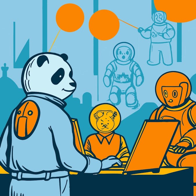 tech panda helping ideal clients on laptop in spaceship