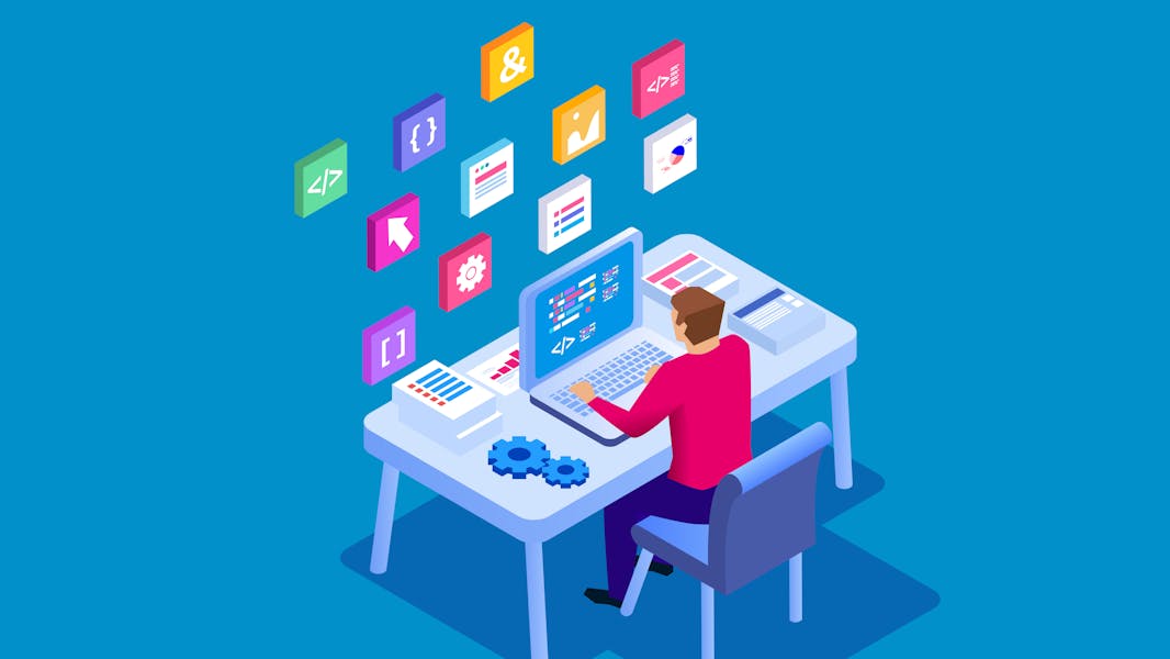 man using computer with different apps