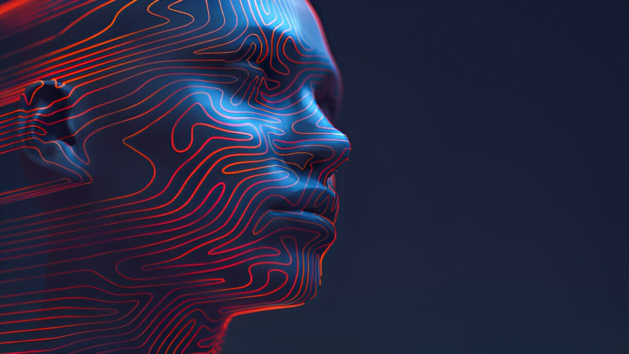 3D rendered digital human head outlined with neon contour lines that resemble a fingerprint's unique swirls, against a deep blue background. Concept of digital identity and security, blending the human element with the precision of technology.