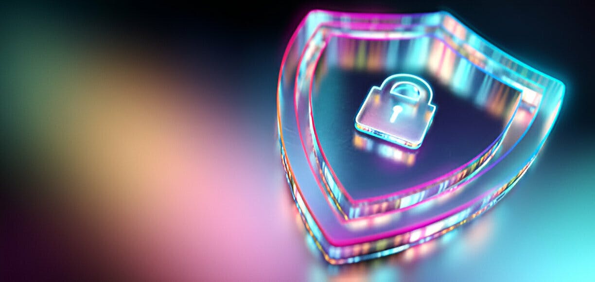 Security concept. Digital shield and lock firewall protection from viruses and malware. Modern futuristic technology background. 3D render stock photo