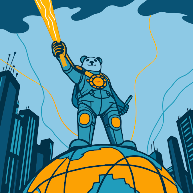 tech hero panda stands heroically on top of a vibrant globe