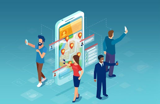 Vector of people online community members share location, check ins, having chat on smartphone app stock illustration