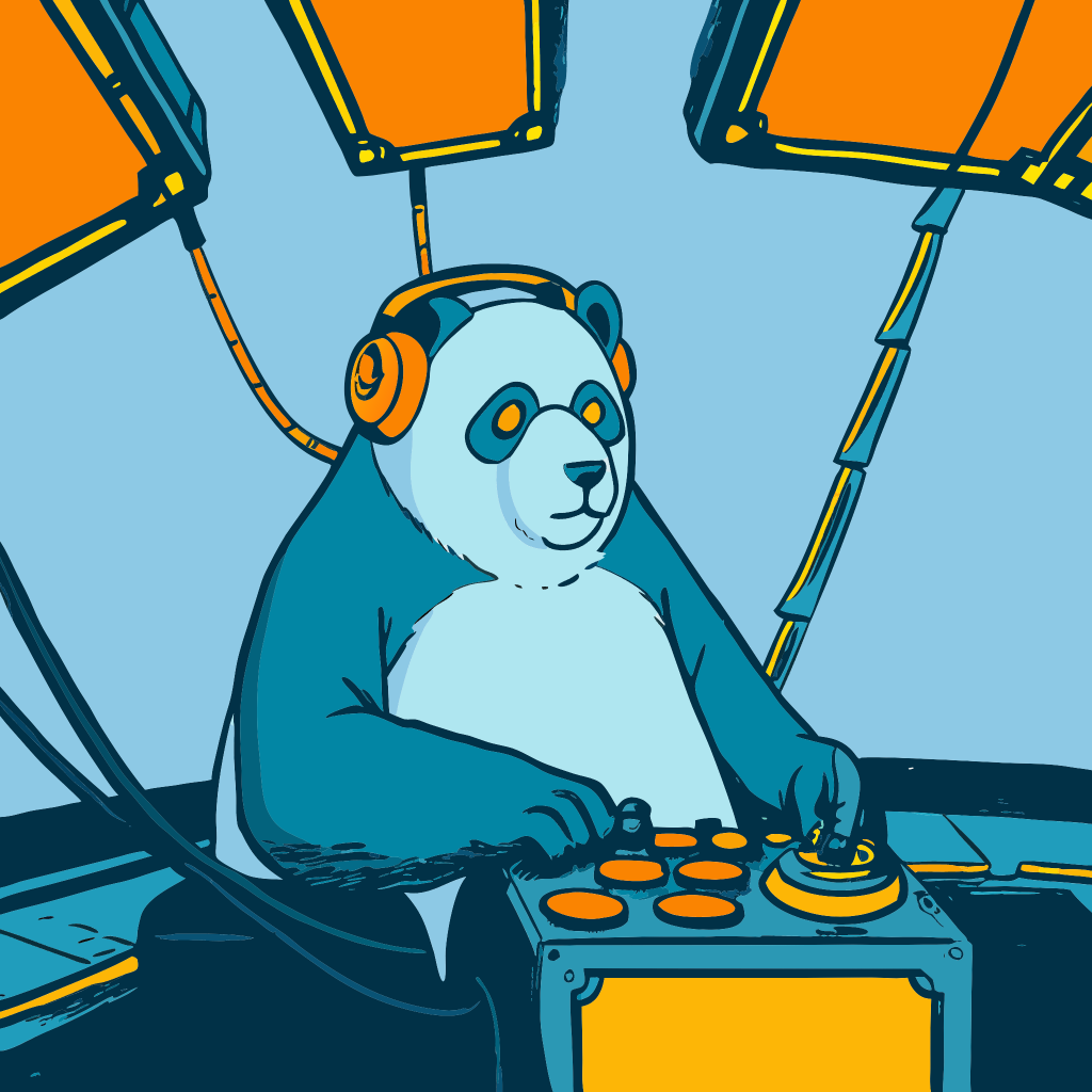 tech hero panda sits intently at a sophisticated tech setup infront of a gaming controller