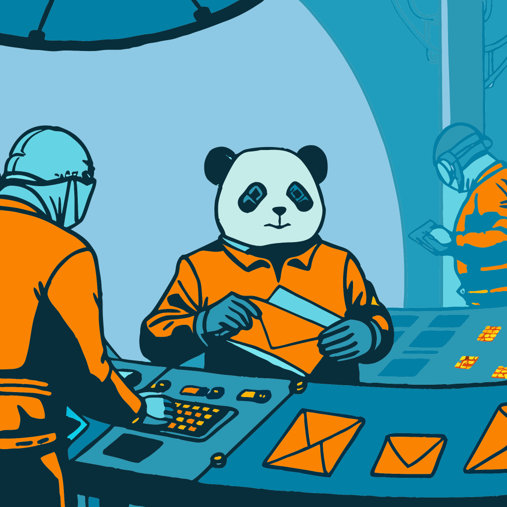 A tech hero panda in a futuristic hub using SPF and DKIM to sort emails.