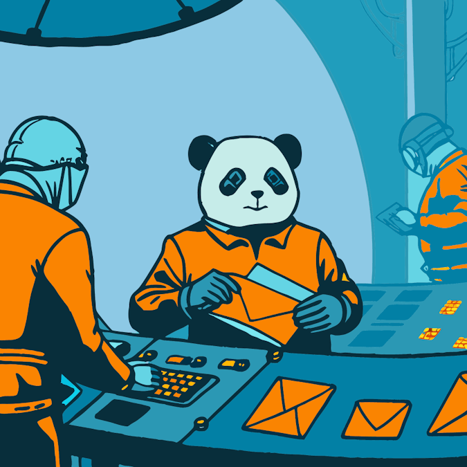 A tech hero panda in a futuristic hub using SPF and DKIM to sort emails.