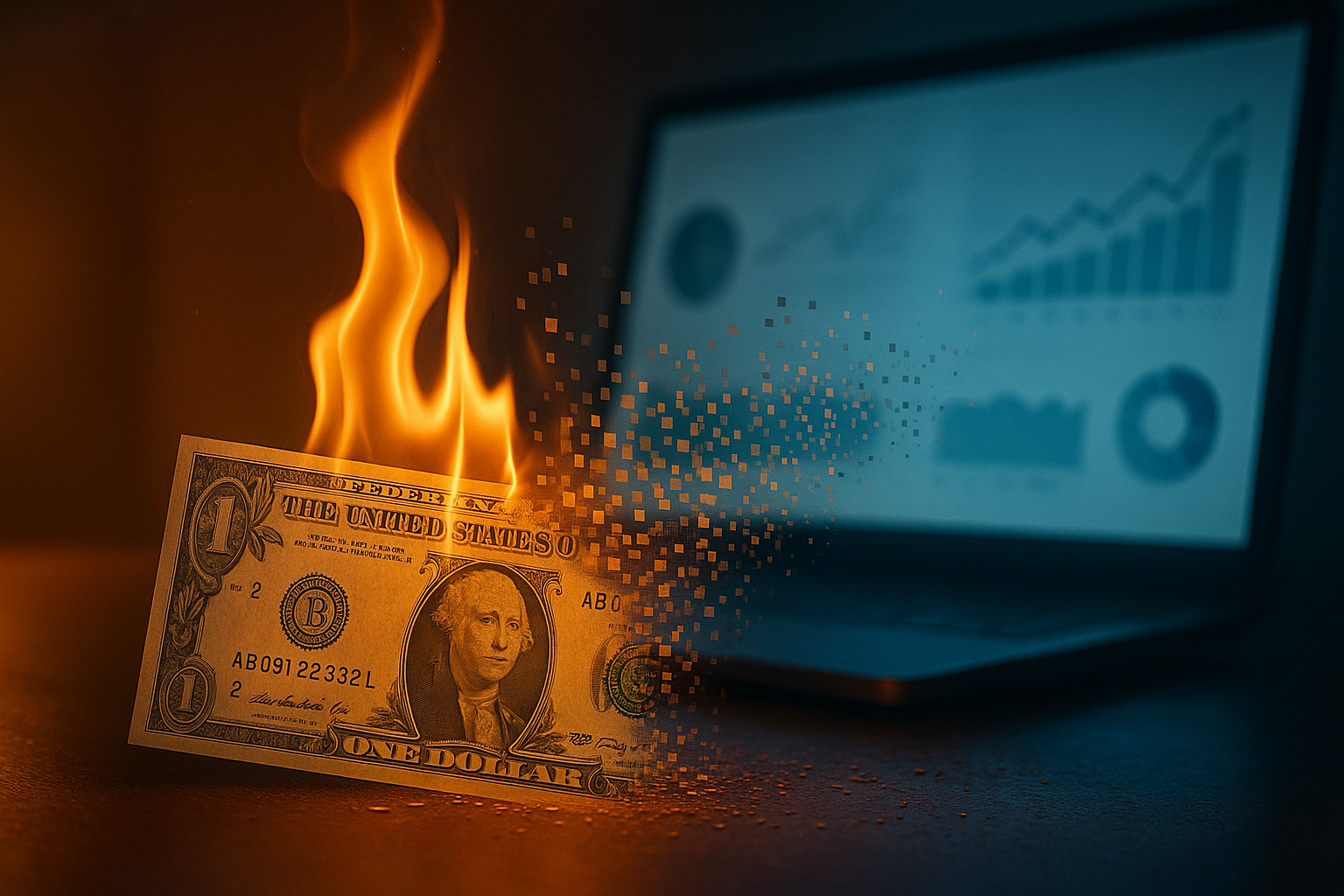 money burning infront of a laptop with marketing dashboard on the screen