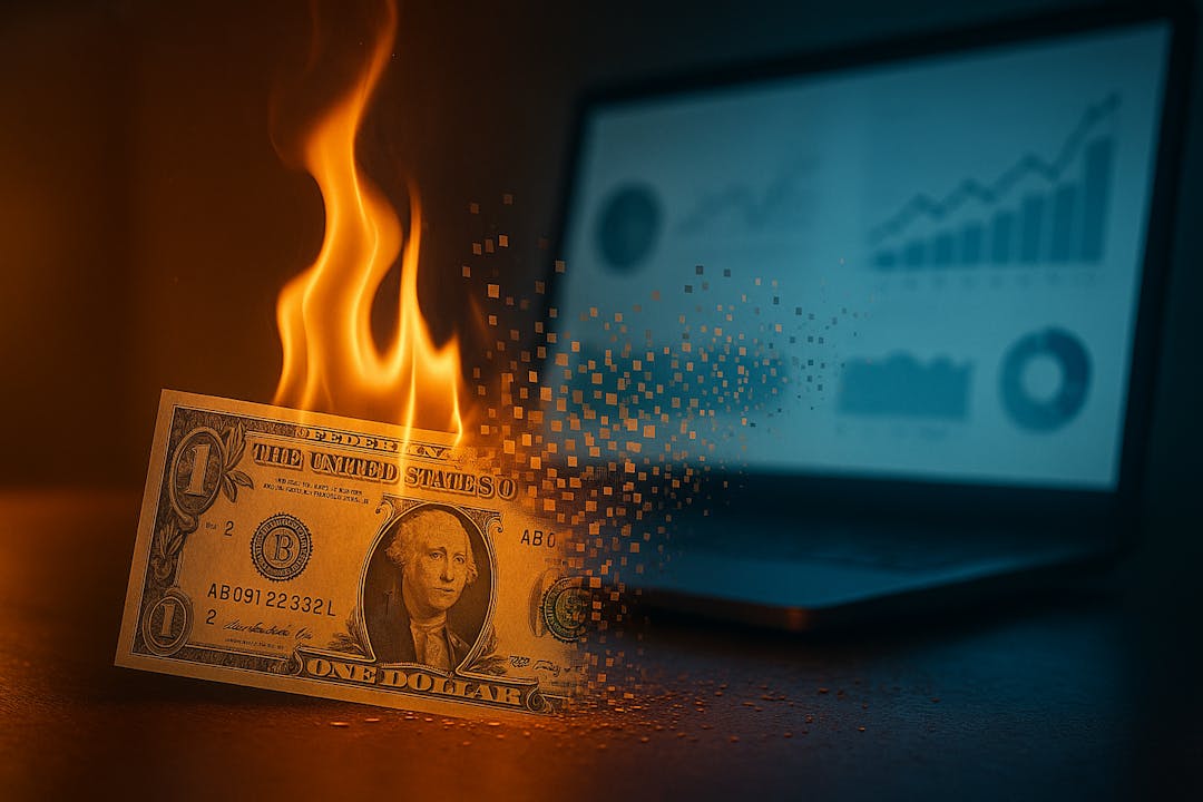 money burning infront of a laptop with marketing dashboard on the screen