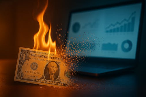 money burning infront of a laptop with marketing dashboard on the screen