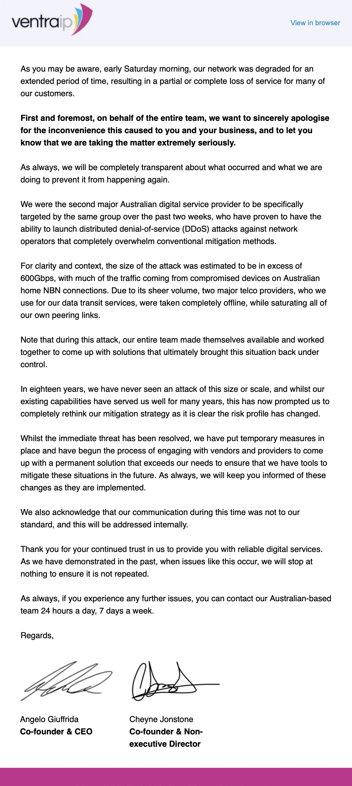 The outage notice VentraIP emailed customers, shared by a customer on Reddit.