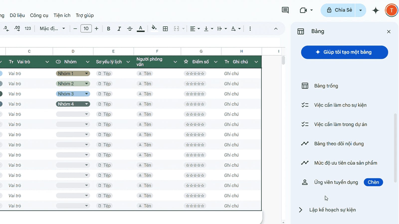Thư viện bảng tạo sẵn của Google Sheets
