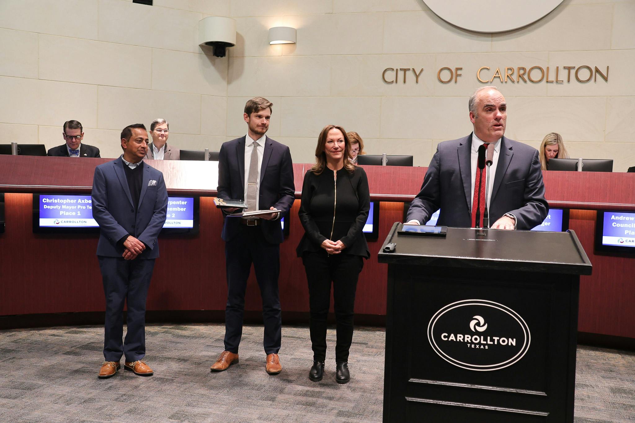 Mayor Babick giving a speech about Diane Waghorne and TSL