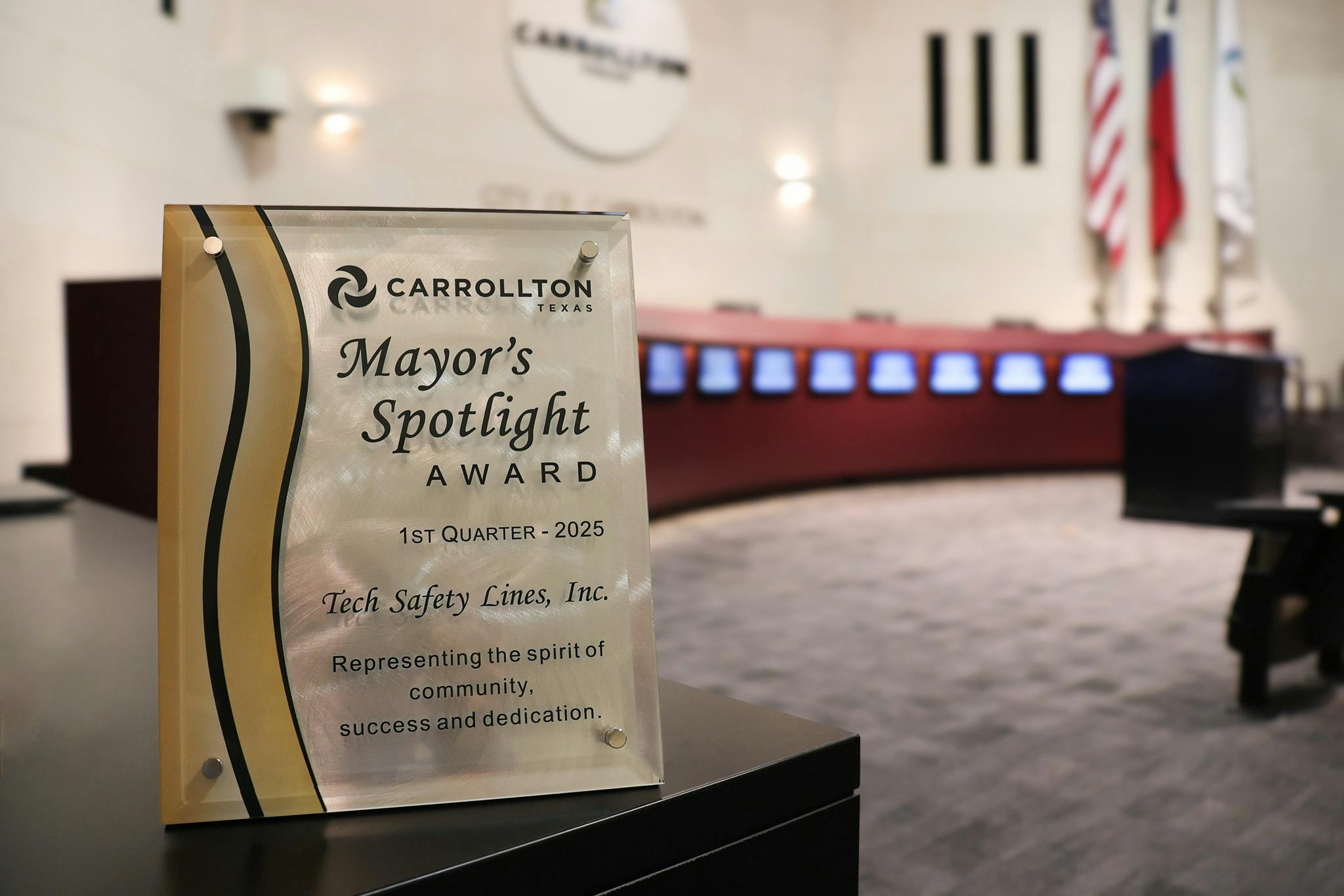 A plaque that says Mayor's Spotlight Award for Tech Safety Lines
