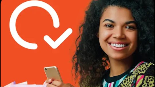 QuickCheck loan app logo beside a woman on a smartphone
