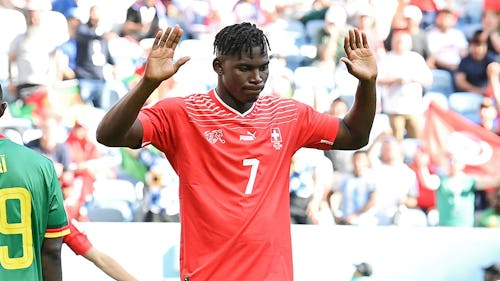 Breel Embolo in a muted celebration against his country Cameroon