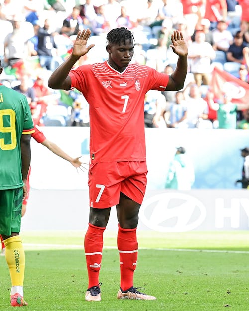 Breel Embolo in a muted celebration against his country Cameroon