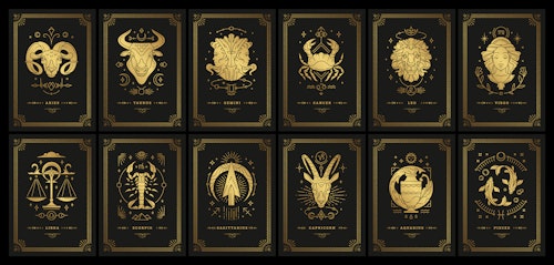 Zodiac astrology horoscope cards linocut silhouettes design vector illustrations set. Elegant symbols and icons of esoteric horoscope templates for wall print poster isolated on black background