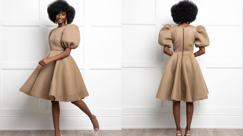 Short puff sleeves flare gown