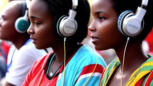 Kenyans listening to songs on a headphones